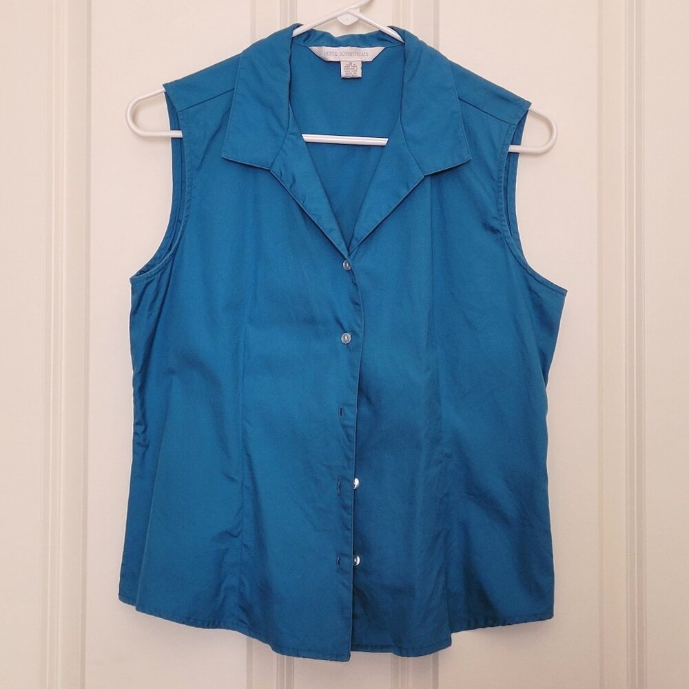 Petite Sophisticate Sleeveless Teal Blue Button Down Shirt